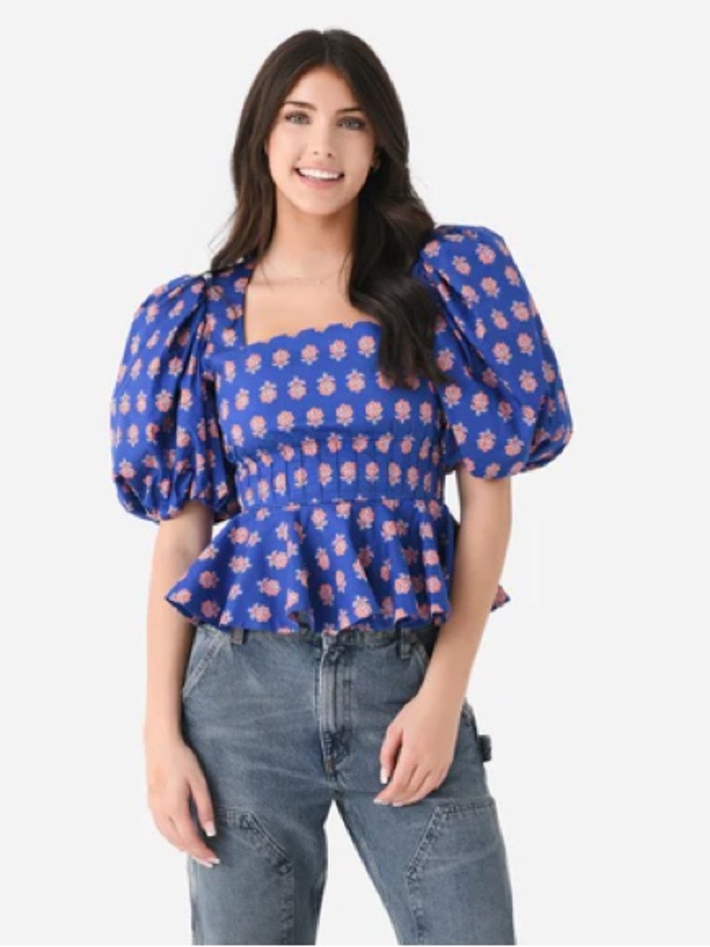 HUNTER BELL Camille Blue Puff-Sleeve Smocked Peplum Top - Floral Print